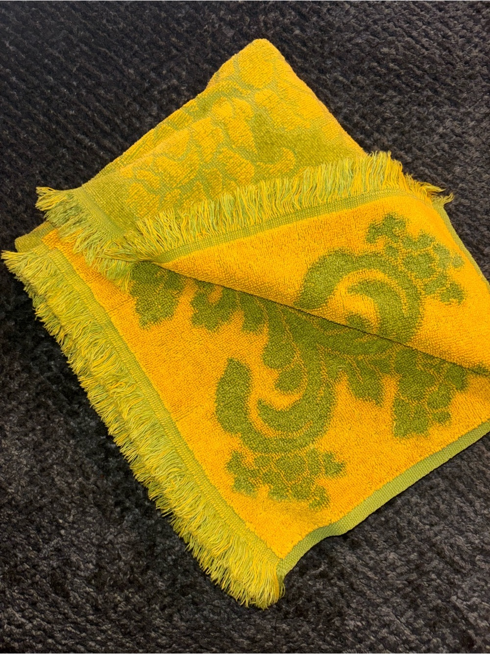 Vintage Green Gold Damask Fringe Towel Retro Floral 60s 70s